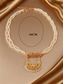 Herseygold 1pc Gold-Plated Crescent Moon Pendant Pearl Necklace, Middle Eastern Luxury Bridal Necklace, Arabic Wedding Festival Jewelry Gift For Women