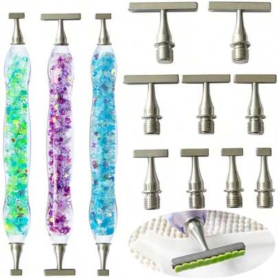 Zestaw narzędzi do malowania diamentowego z wiertłem punktowym, wielofunkcyjne końcówki gwintowane ze stali nierdzewnej, 1 szt. długopisu z żywicą + 4 szt. gwintowanych końcówek długopisu z pudełkiem do przechowywania + 6 szt. kleju z pudełkiem do przechowywania