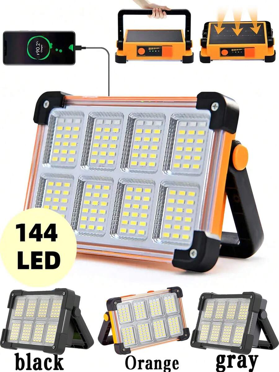1/2 piezas Luces solares para exteriores, 144 LED Iluminación para exteriores Lámpara de camping, Luz de Luz nocturna, Lámpara de trabajo de emergencia para exteriores, Batería de alta capacidad de 3*1200mAh Lámpara portátil de reparación, Banco de energía portátil con carga USB inversa, 4 modos de iluminación Luces de emergencia rojas y azules, Linterna portátil resistente al agua y muy brillante de plástico resistente, Disponible en naranja/gris/negro, Adecuado para cortes de energía, situaciones de emergencia
