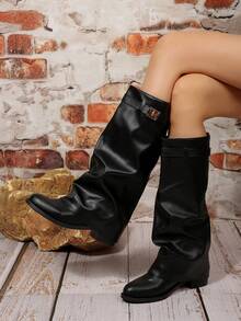 女士冬季靴、黑色靴子、翻边靴、秋季靴、过膝长靴、尖头高跟靴、宽筒靴、高筒靴 - 黑色 - 查看 2