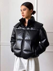 Livesso 女式宽松街头风格连帽棉服外套冬季 - 黑色 - 查看 6