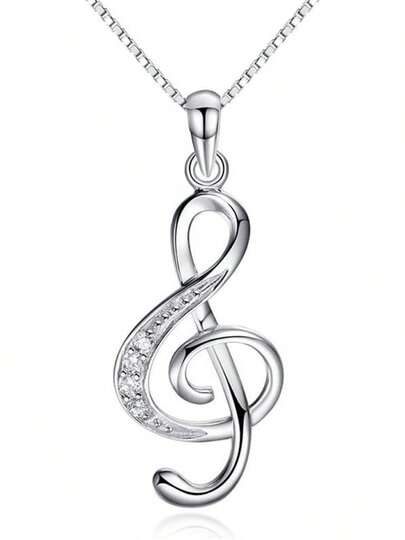 Music Note Pendant Necklace 925 Sterling Silver Cubic Zirconia Jewelry Women Girl Box Chain 18