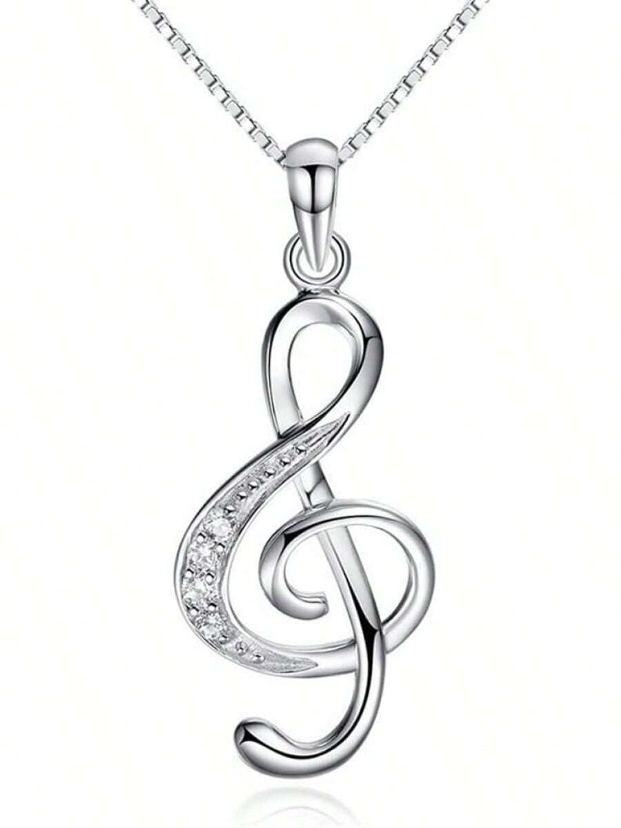 Music Note Pendant Necklace Cubic Zirconia Jewelry Women Girl Box Chain 18