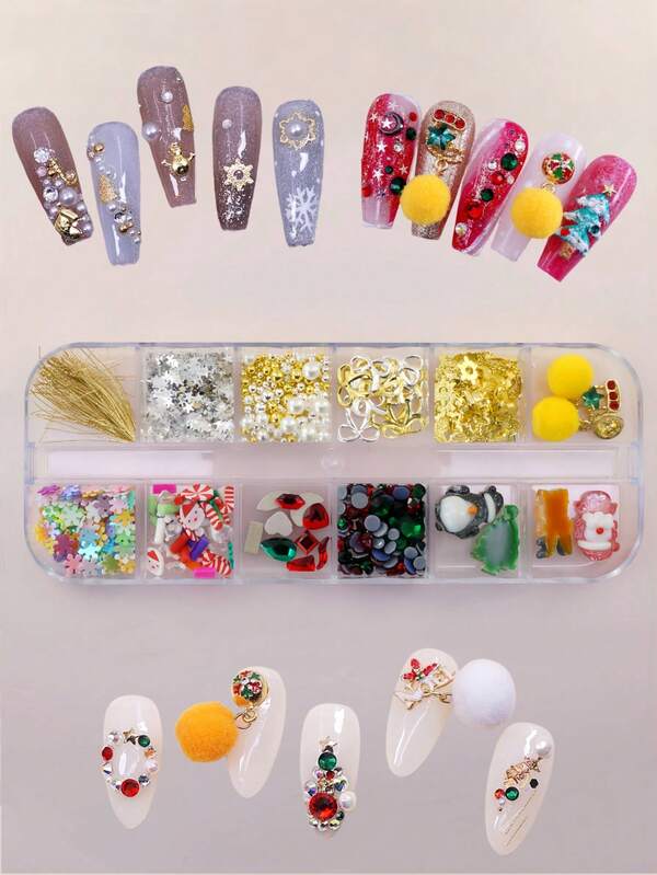 12 قطعة من زينة أظافر عيد الميلاد بتصاميم بابا نويل وشجرة عيد الميلاد والألماس المسطح باللونين الأحمر والأخضر والثلج والترتر