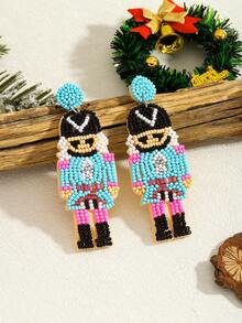 2pcs Bohemian Handmade Beaded Crystal Nutcracker Soldier Drop Earrings For Women, Festive Christmas Holiday Party Daily Wear Jewelry(Handmade Version, With Slight Variations)