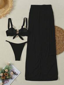 女士夏季阳光金属装饰无肩带比基尼长裙套装 - 镂空腰部沙滩轻奢性感三件套泳装，完美适用于春夏、春季穿搭、度假穿搭、女士度假穿搭、户外活动、夏季派对、沙滩穿搭、海滩度假。 - 黑色 - 查看 5