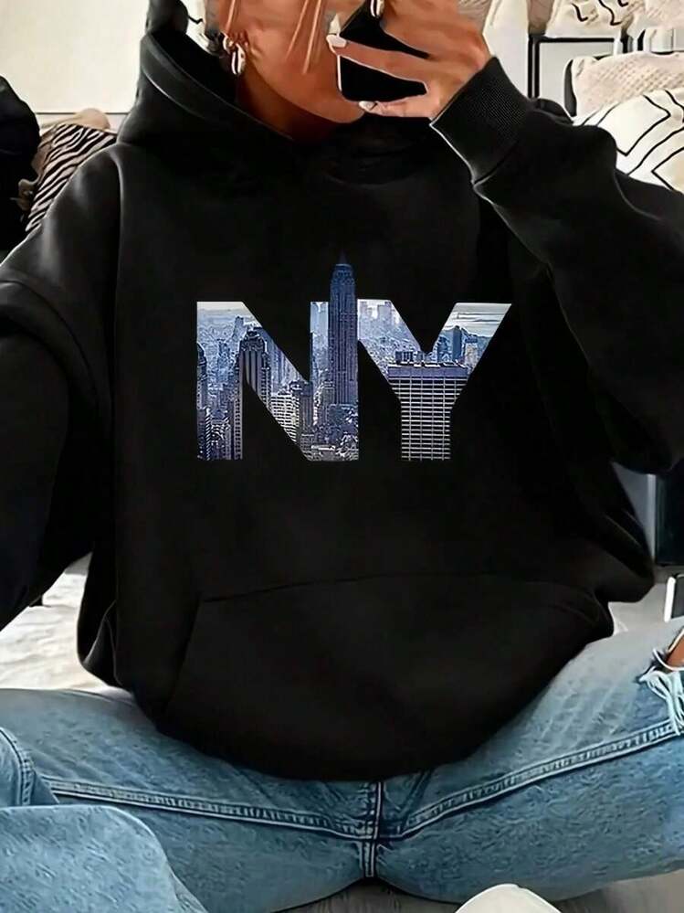 City Letter NY Printed Men's Hoodie Men's Casual Pattern Long Sleeved Hoodie With Pocket Sweatshirt Suitable For Autumn And Winter Outdoor As A Gift - 黑色 - 查看 1