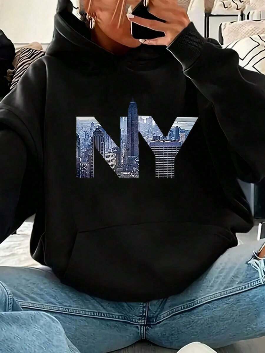 City Letter NY Printed Men's Hoodie Men's Casual Pattern Long Sleeved Hoodie With Pocket Sweatshirt Suitable For Autumn And Winter Outdoor As A Gift - Black - View 1