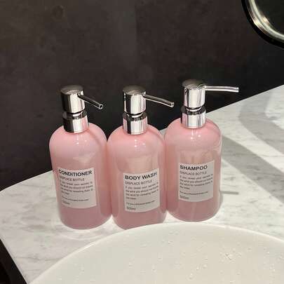 3pcs Translucent Pink 500ml/16oz Reusable Plastic Bottles - With Waterproof Labels, Suitable For Shampoo, Conditioner, Body Wash - For Home, Hotel, Salon Use - Korean/Japanese Style