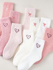 1/5 pares aleatorios de calcetines gruesos de invierno de peluche de visón para niños, serie rosa y blanca con diseño de corazón y lazo, calcetines cálidos hasta el tobillo
