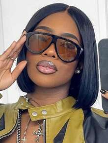 1 Pair Large Frame Toad Eye Glasses, Fashionable & Versatile Full Frame Retro Style Fashion Glasses For Women, Suitable For Travel, Street Photography, Beach And Other Occasions - 7410-black Frame Tea Leaves - View 2