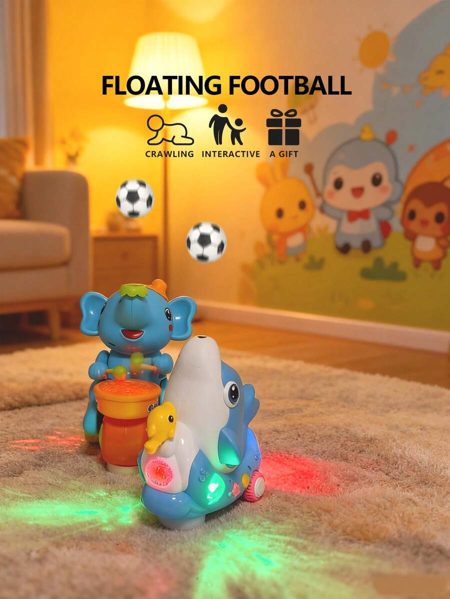 1 件婴儿音乐玩具和漂浮球，带 LED 灯和声音的电动车，大象击鼓和摇摆海豚外观，适合婴儿的学习教育移动玩具，爬行玩具（不带电池）