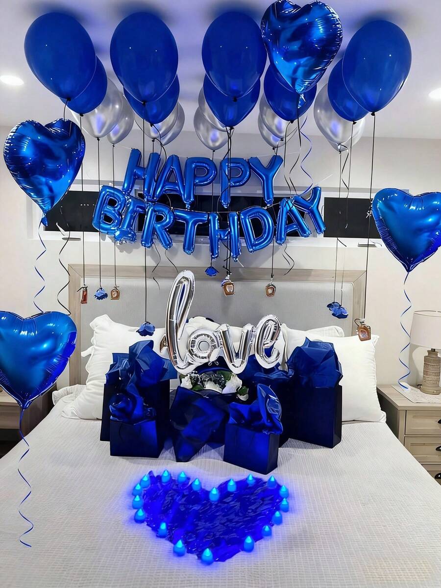 553pcs Blue & Silver Birthday Balloon Kit, 500pcs Non-Woven Fabric Petals, Happy Birthday Banner Letters + Love & Heart Foil Balloons, Dark Aesthetic Party Backdrop, Suitable For Romantic Couple Bedroom Decor, Midnight Surprise Birthday Party Decoration - 彩色 - 查看 1