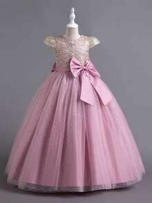 Girls Sequin Embroidered Bodice Tulle Ball Gown Dress With Glitter Skirt Short Sleeves And Big Bow Back Princess Flower Girl Dress For Wedding Birthday Pageant Formal Occasion - 藕粉色 - 查看 3
