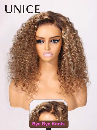  Peluca de cabello humano rizado y ondulado con cierre de encaje de 7x5 pulgadas, con nudos pre cortados, pre decolorados y pre blanqueados, con reflejos marrones, sin pegamento, lista para usar para mujeres, Unice Wigs