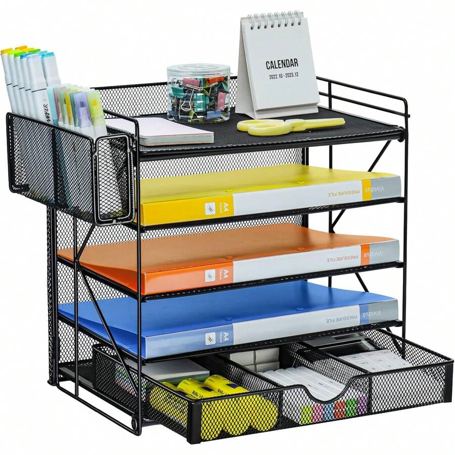 Caja de almacenamiento de escritorio, bandeja de crédito de papel de 5 niveles, organizador de archivos de escritorio con clasificador Vertical adicional de archivos, cajón deslizante y soporte para bolígrafos - negro 3 - Ver 1