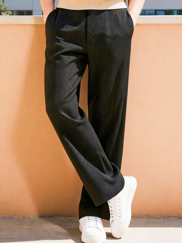 GINGTTO بنطلون رجالي مطوي | بنطلون ذو ساق واسعة باللون الأسود - الراحة والأناقة للارتداء اليومي والمكتبي