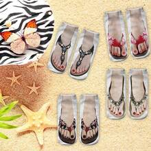 4 Pairs Funny Flip Flop Manicure Print Socks 3D Pattern Socks Sandal Printed Socks Low Cut Ankle Socks Running Yoga Socks