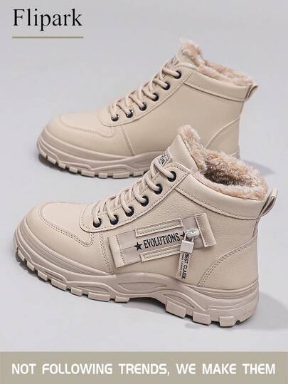 Flipark 1 Pair Women's White Casual Snow Boots, Round Toe Outdoor Lace-Up Waterproof Leather Thermal Lined High-Top Boots, Autumn/Winter