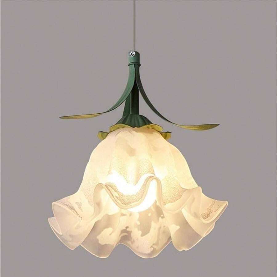 French White Flower Pendant with Green Accents Nordic Modern Farmhouse Ceiling Hanging Lamp Small Rustic Indoor Chandelier E2627 Base Dining Table Living RoomGreen - Verde - Ver 1