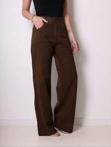 Women's Wide Leg Jeans, High Waist, Butt Lifting, 2025 - 咖啡棕 - 查看 2