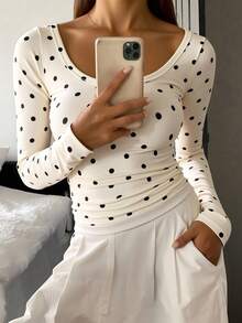 Livesso 秋季新款波点修身长袖印花T恤 - 白色 - 查看 1