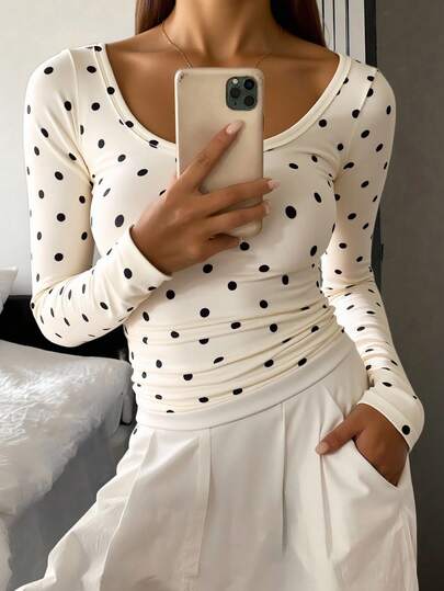 Livesso Neuer Herbst Polka Punkt Figurbetontes Langarm Muster T-Shirt