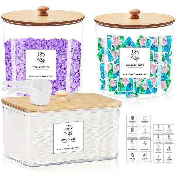 3PCS Bathroom Storage Container Laundry Pods Container, Clear Laundry Room Organization And Storage With Lids, 2 Premium Scoops Labels Ideal For Scent Booster Beads, Dryer Balls, Sheets Powder