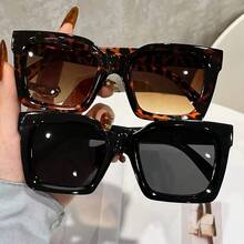 Random 1 Pair Women's Bohemian Square Fashion Glasses Set - Large Frame, TAC Lenses, Composite Material, Includes Box And Cloth, Fashionable Black And Brown Design, Suitable For Casual Wear, Fashion Glasses|Bohemian Style|Tac Lens Glasses - 黑白豹紋 - 查看 2