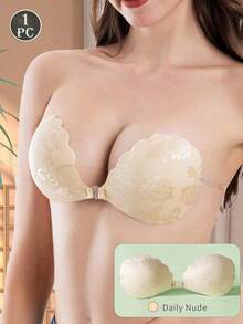 1 件蕾丝隐形聚拢文胸 - 无肩带自粘式提升文胸，带透明肩带，可重复使用粘性乳贴，适用于婚纱、连衣裙和礼服 - 杏色 - 查看 16