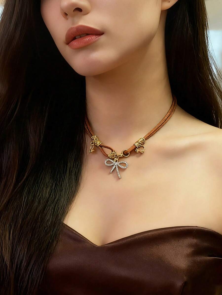 New Retro American Style Bow Layered Necklace, Malachite Collarbone Chain, Popular Sweet & Hot Girl Sweater Chain Accessory