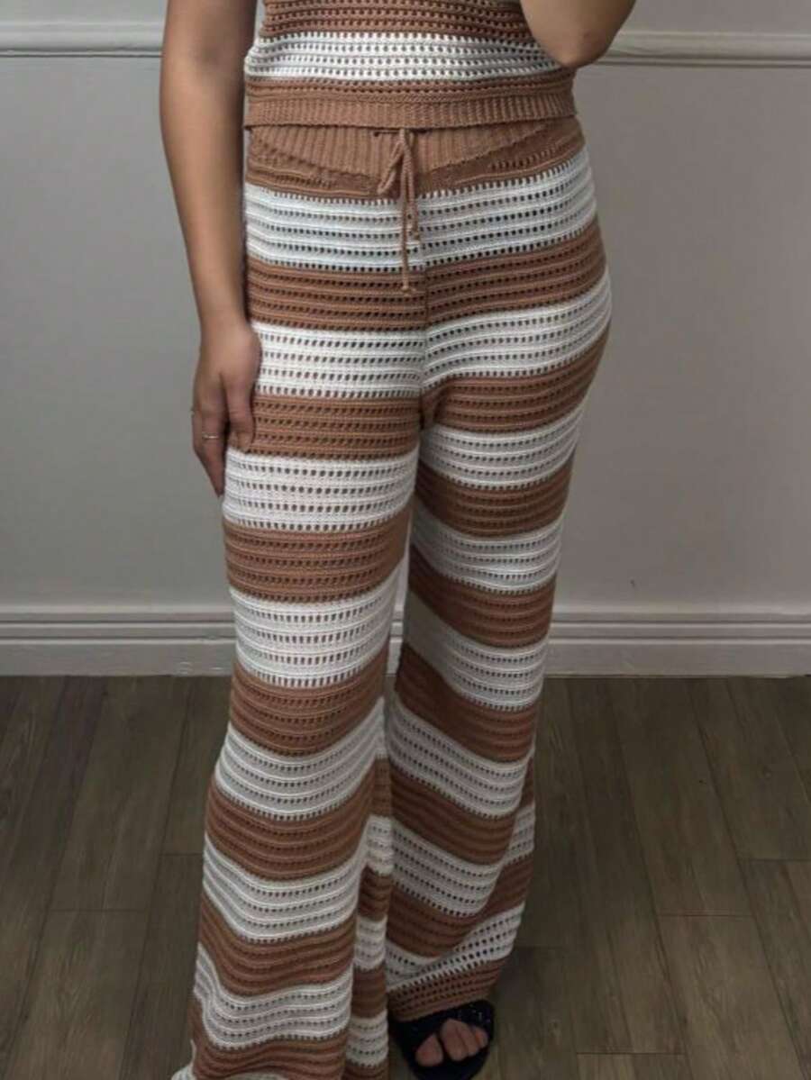 Beach Cover-Ups Women's Striped Pants Knit Fashion Knit Summer Sarong Flare Bloggers Quality Drawstring Adjustment - 米色 - 查看 1