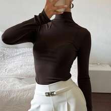 Livesso Women's Solid Color Ruffle Trim Mock Neck Form-Fitting Slim T-Shirt, Coffee Brown, All Season Sheer,Fall Clothes Long Sleeve Women Tops Turtleneck Women - Coffee Brown - View 6