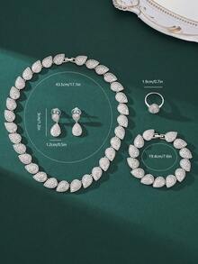 4件套时尚流苏吊坠黄铜方晶锆石银项链、耳环、手链、戒指首饰套装。奢华项链首饰套装。适合女士晚会、派对、婚礼、情人节礼物。 - 銀色 - 查看 5