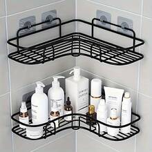 1pc No-Drill Corner Shelf, Bathroom/Kitchen Storage Rack For Shampoo, Soap, Seasonings - Black - View 2