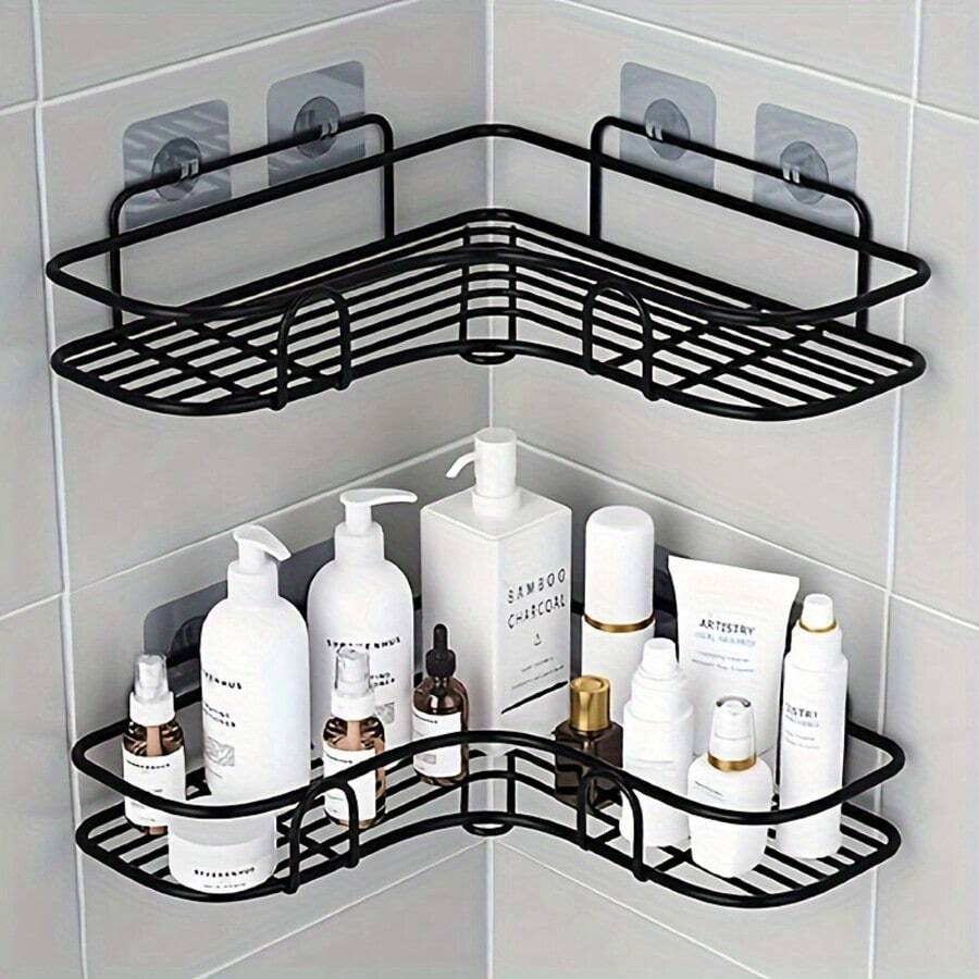1pc No-Drill Corner Shelf, Bathroom/Kitchen Storage Rack For Shampoo, Soap, Seasonings
