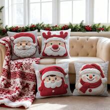 4件套18英寸2D圣诞抱枕套，2D平面印花圣诞老人、驯鹿、雪人图案，涤纶面料，拉链封口，可机洗，理想的圣诞礼物，完美的节日装饰，适用于派对、客厅、沙发、卧室、床、家居装饰，不含枕芯 - 彩色 - 查看 4
