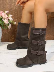 Women's Square Toe Chunky Heel Mid-Calf Boots, Simple Belt Buckle Zipper Decor Fashion Riding Boots