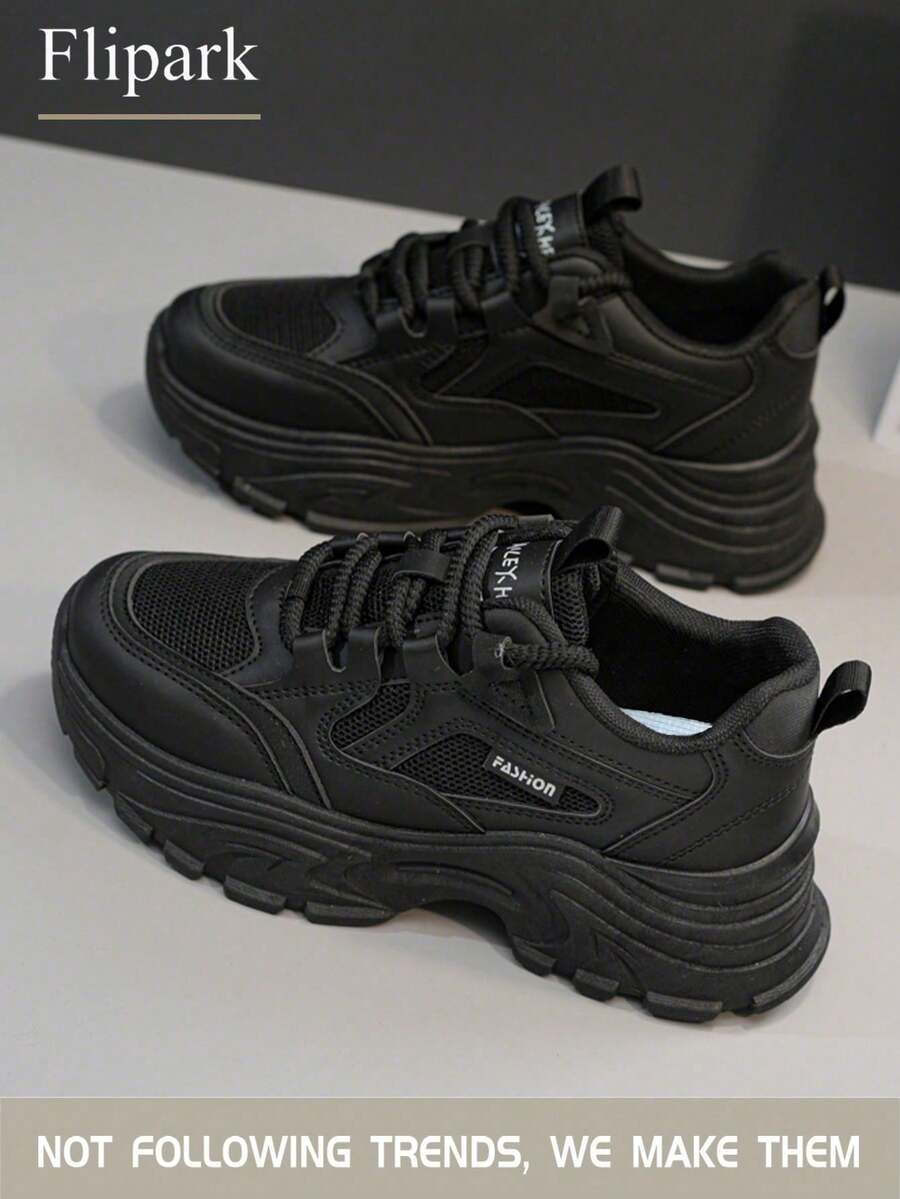 Flipark 女士隐形坡跟休闲运动鞋，2025-2024春秋季新款百搭厚底硫化小白鞋，适合娇小身材 - 黑色 - 查看 1