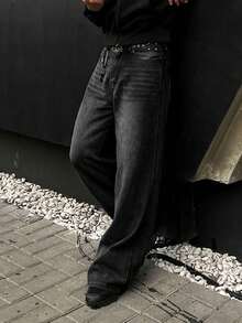 Casual Street Fashion Washed Denim Jeans, Minimalist Loose Wide-Leg Jeans - Black - View 2