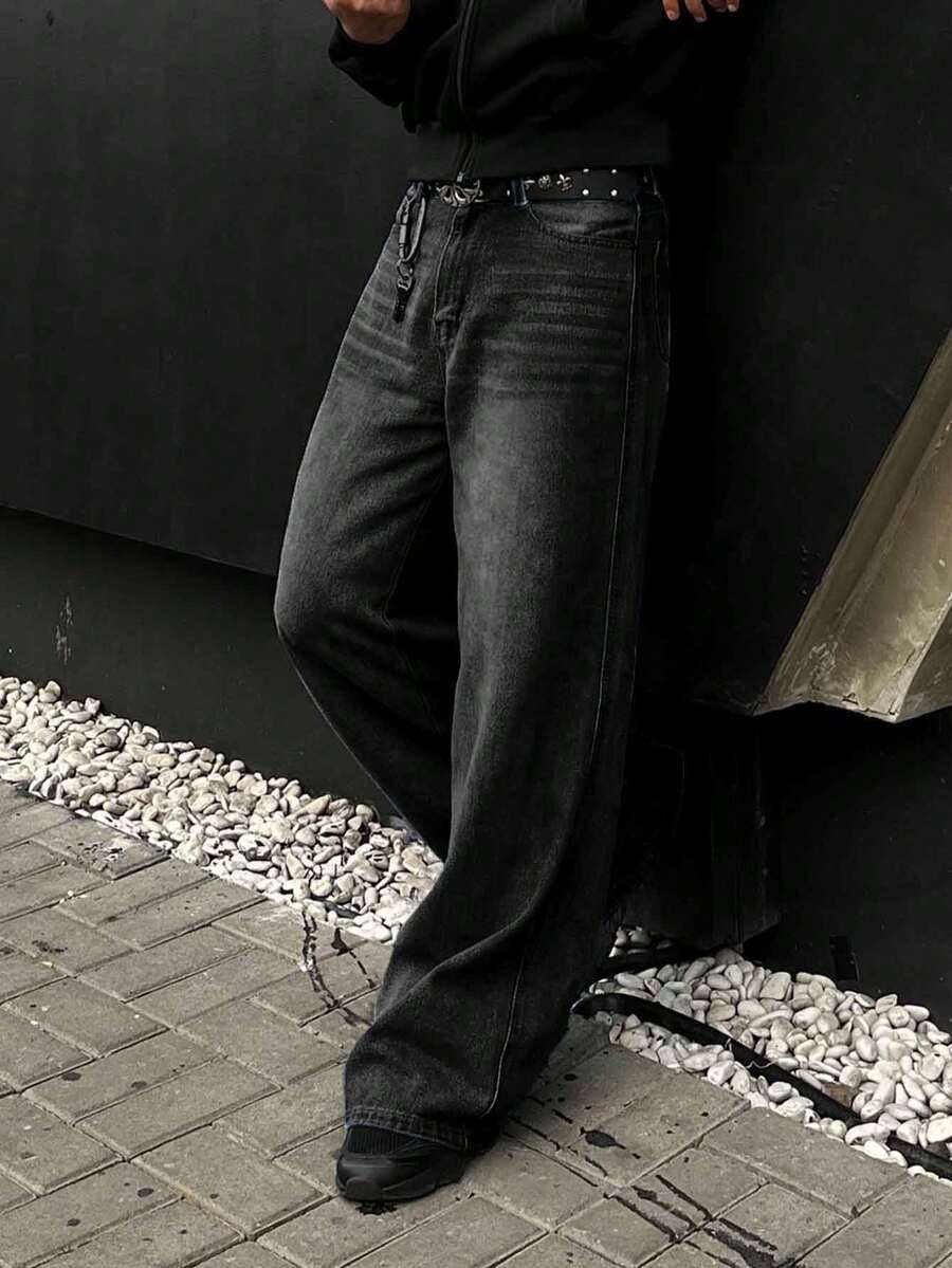 Casual Street Fashion Washed Denim Jeans, Minimalist Loose Wide-Leg Jeans