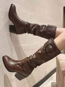 2025年新款女士过膝长靴，百褶休闲靴，粗跟修身高筒马靴 - 棕色 - 查看 1