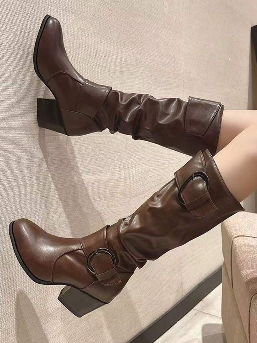 2025年新款女士过膝长靴，百褶休闲靴，粗跟修身高筒马靴 - 棕色 - 查看 1