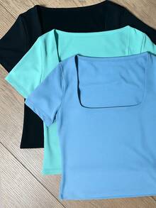 Square Suplex Cropped Top With Casual Lining For Women, Kit With 3 - Black/Aqua Green/Baby Blue - View 2
