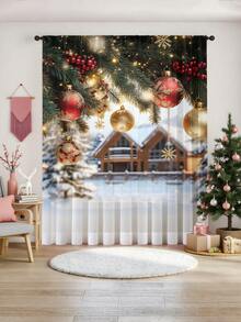1 pieza Cortina transparente decorativa navideña, adecuada para sala de estar, dormitorio, cocina, fiesta navideña, árbol de Navidad, luces de Navidad, globos dorados, ramas de Navidad, 100g/㎡