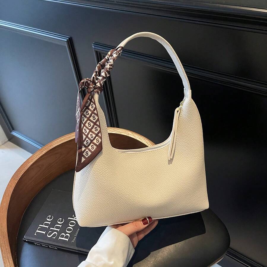 Women's Leather Shoulder Bag - Small Clutch Hobo Bag With Zipper Closure, Minimalist Underarm Crossbody Purse, Soft Leather Evening Handbag, Casual Daily Shoulder Bag For Women + Silk Scarf Gift - Màu be - Xem 1