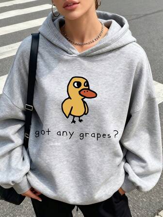 Teen Girl Style, Small Yellow Duck Pattern Letter Print, Casual Style, Hooded Sweatshirt, Can Be Worn In Spring And Autumn, Shopping, School, Travel, Party Wear