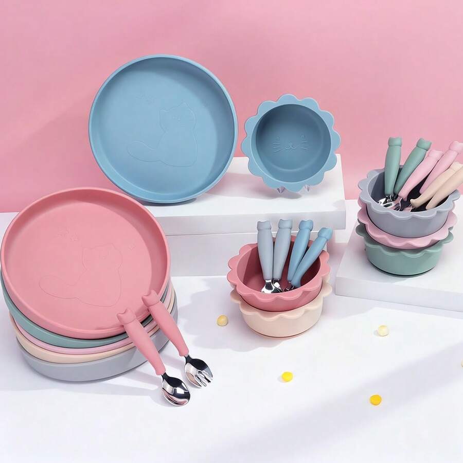 4-częściowa silikonowa miska do karmienia niemowląt i małych dzieci, talerz, widelec i łyżka ze stali nierdzewnej, motyw kota, z przyssawkami, do mikrofalówki i zmywarki