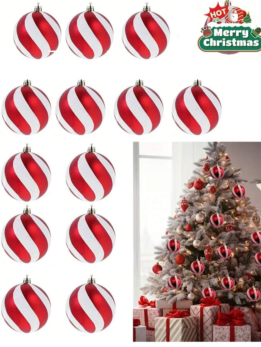 Juego de 12 piezas/6 piezas de bolas decorativas para árbol de Navidad, bolas pintadas en rojo y blanco, adecuadas para árbol de Navidad, colgantes de ventana, decoración de fiestas, hogar, chimenea, escalera, corona, decoración navideña interior y exterior - Fiestas aplicables: Navidad, Nochebuena, Año Nuevo, Boda, Fiesta de cumpleaños