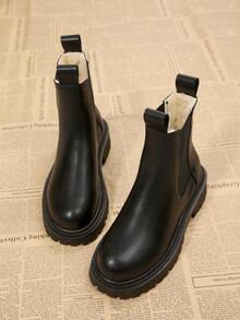 女士黑色粗跟时尚舒适踝靴，弹性PU皮革休闲短靴，升级工艺设计，提升足部舒适度，纯色性感时尚设计，凸显优雅知性之美，加厚保暖内衬，冬季必备保暖鞋履，经典百搭，毛绒靴 - 黑色 - 查看 1